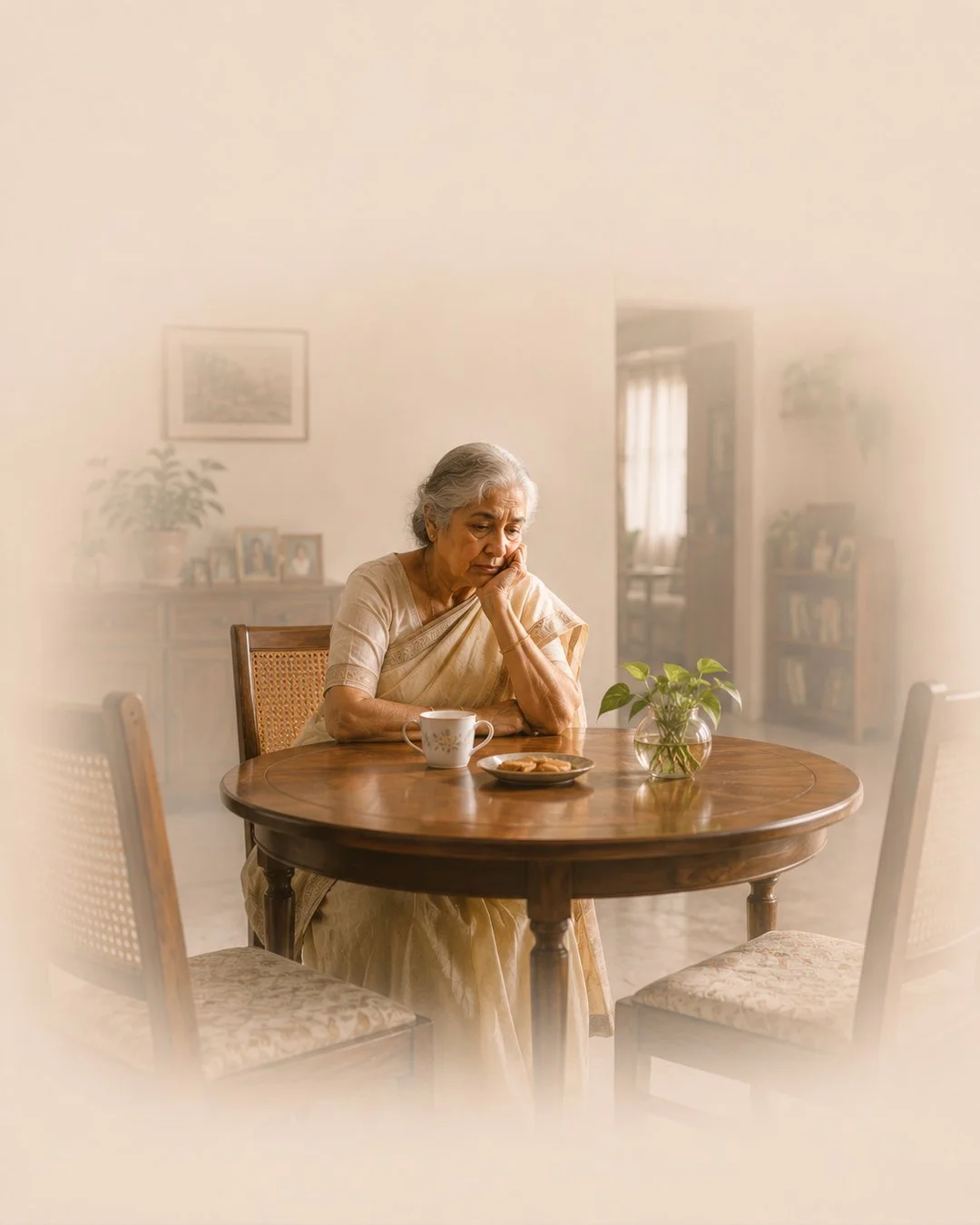 An elderly woman sitting alone at a wooden dining table, resting her head on her hand with a sad or contemplative expression. On the table, there is a cup, a plate with some cookies, and a small green potted plant. The background shows a cozy, well-lit living room with pictures and books.