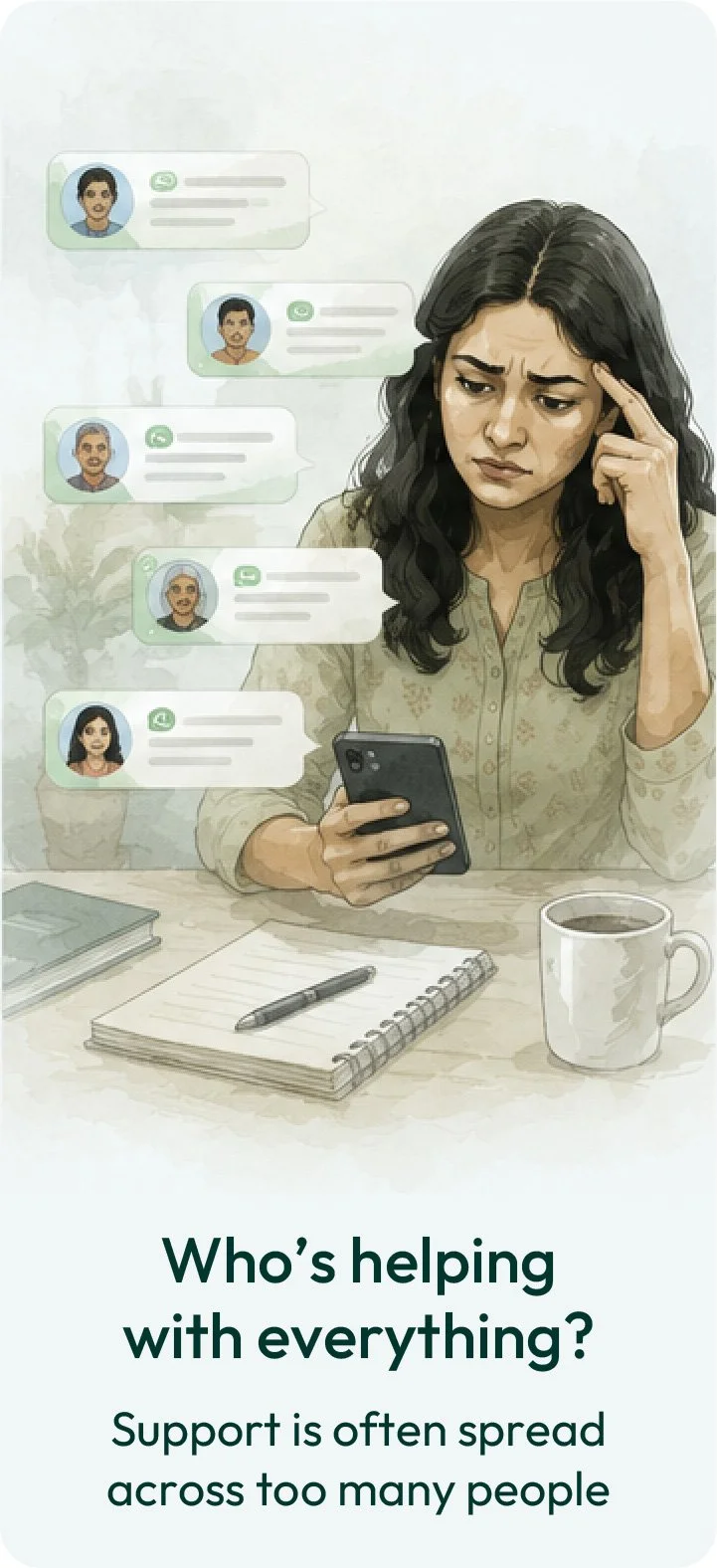 Concerned family caregiver looking at multiple messages on her phone while coordinating support for ageing parents, highlighting the complexity of elderly care and shared caregiving responsibilities.