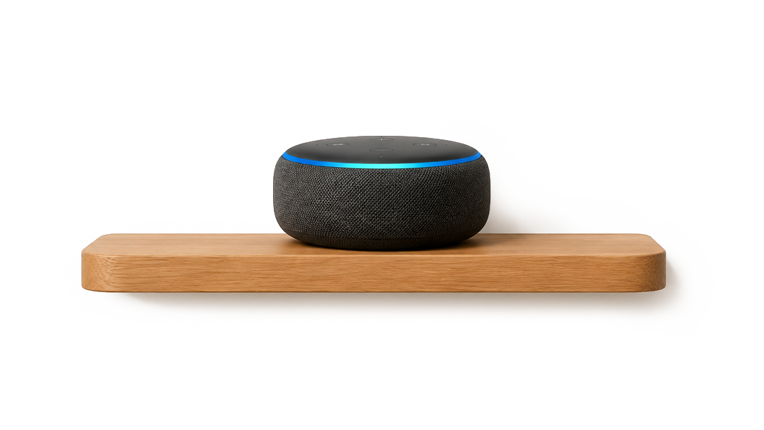 Smart speaker with a fabric exterior and a blue LED ring, placed on a wooden shelf against a white wall.