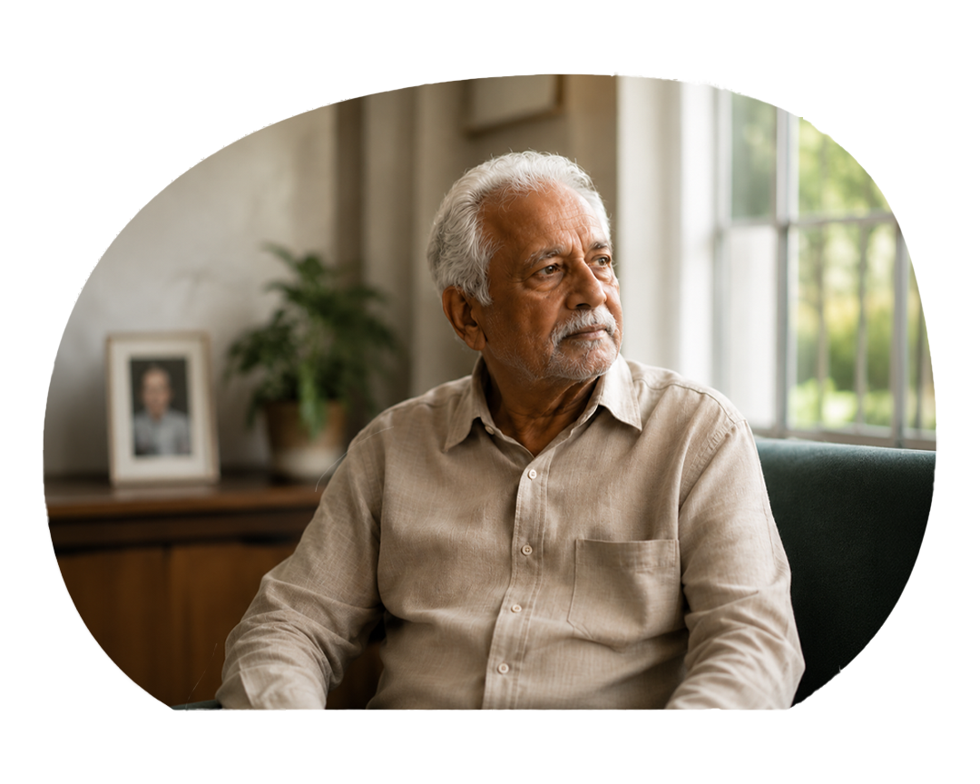 An elderly man with gray hair and a beard sitting on a couch in a well-lit room, looking out the window with a thoughtful expression.