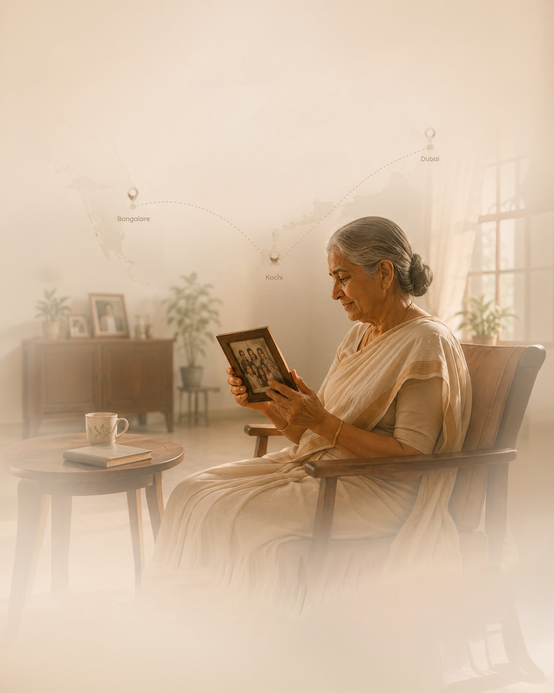 An elderly woman sitting in a wooden armchair, holding a framed family photo. The room has warm light, a small table with a coffee mug and a closed notebook, and a sideboard with picture frames and plants. A faint map showing travel paths from Bangalore to Kochi, Dubai, and other locations is in the background.