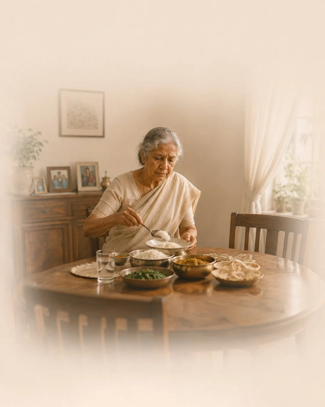 An elderly woman in a sari eating rice at a wooden dining table with various dishes in bowls.