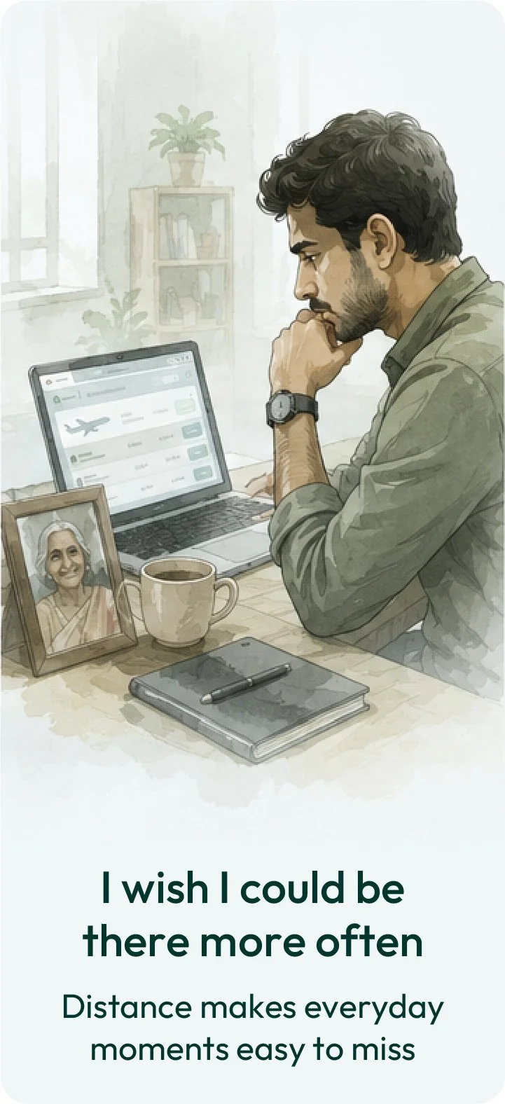 Adult son working on a laptop beside a framed photo of his elderly mother, reflecting the challenges of supporting ageing parents through long-distance family care and staying connected from afar.
