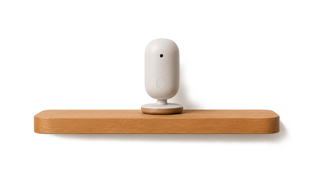 Smart home device on a wooden shelf with a white wall background.