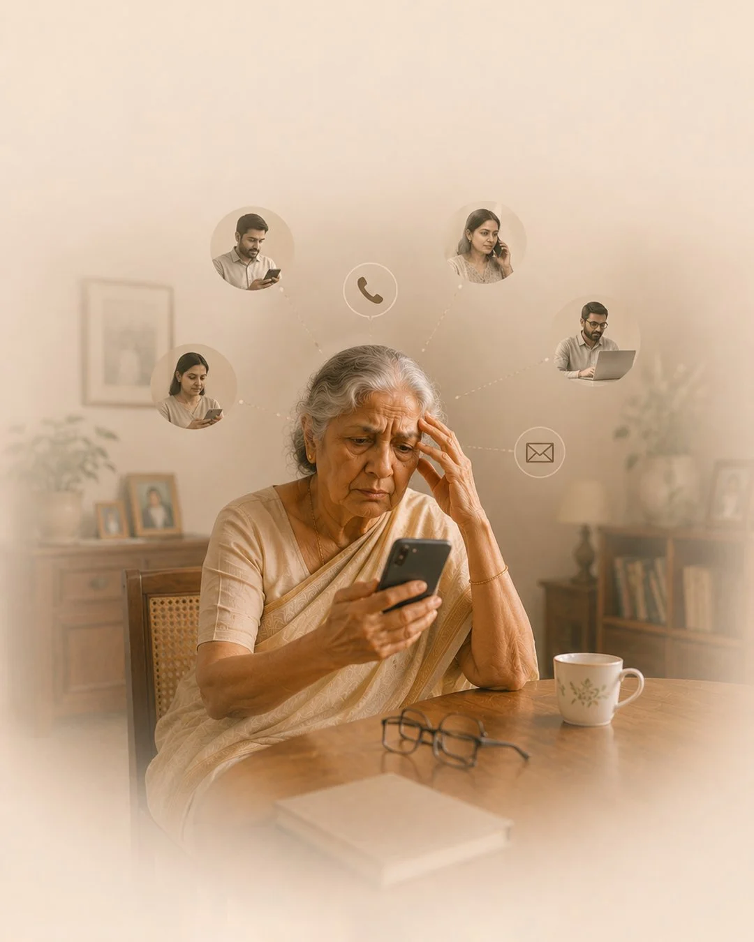 An elderly woman sitting at a wooden table, looking at her smartphone with a worried expression. On the wall behind her, there are icons representing communication methods with younger people, including a phone, email, and social media contacts, indicating concern about digital connections.