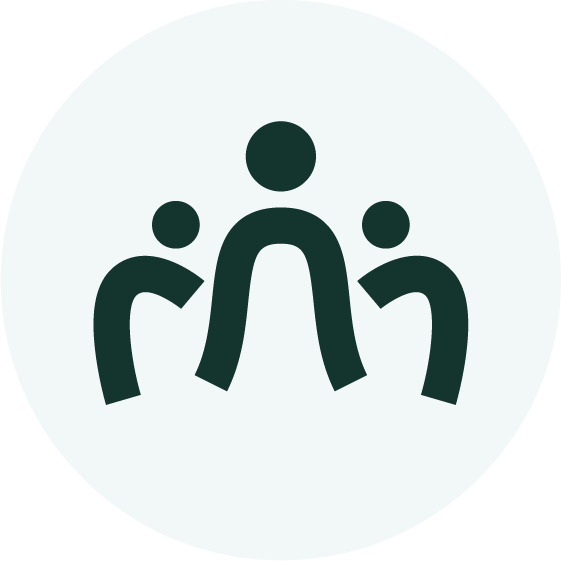 Icon of three stylized people, with one larger figure in the center and two smaller figures on either side, representing community or teamwork.