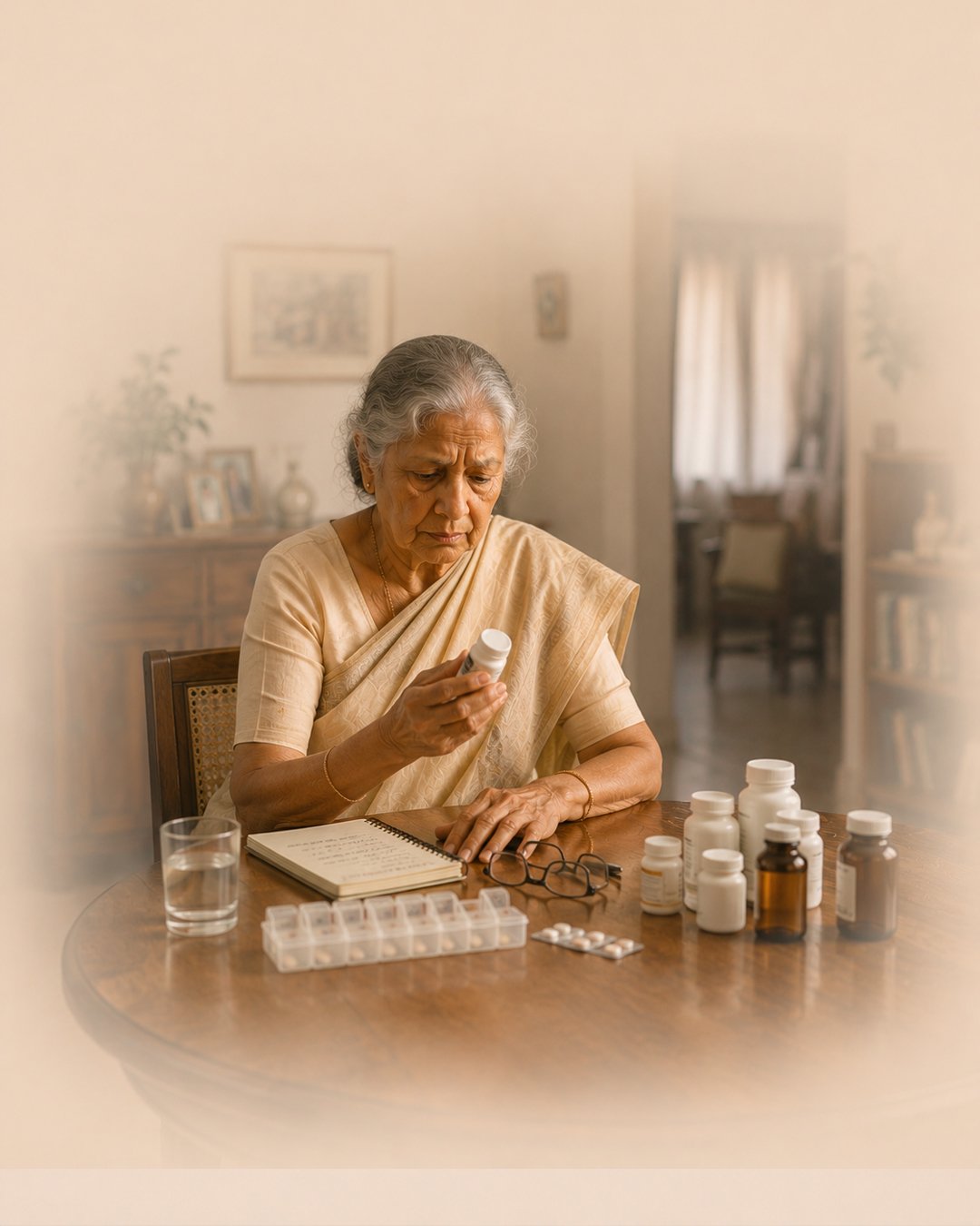 An elderly woman with gray hair, wearing a beige saree, sitting at a wooden table, examining a bottle of medication. Various pill bottles and a blister pack of pills are on the table, along with a notebook, eyeglasses, and a glass of water.