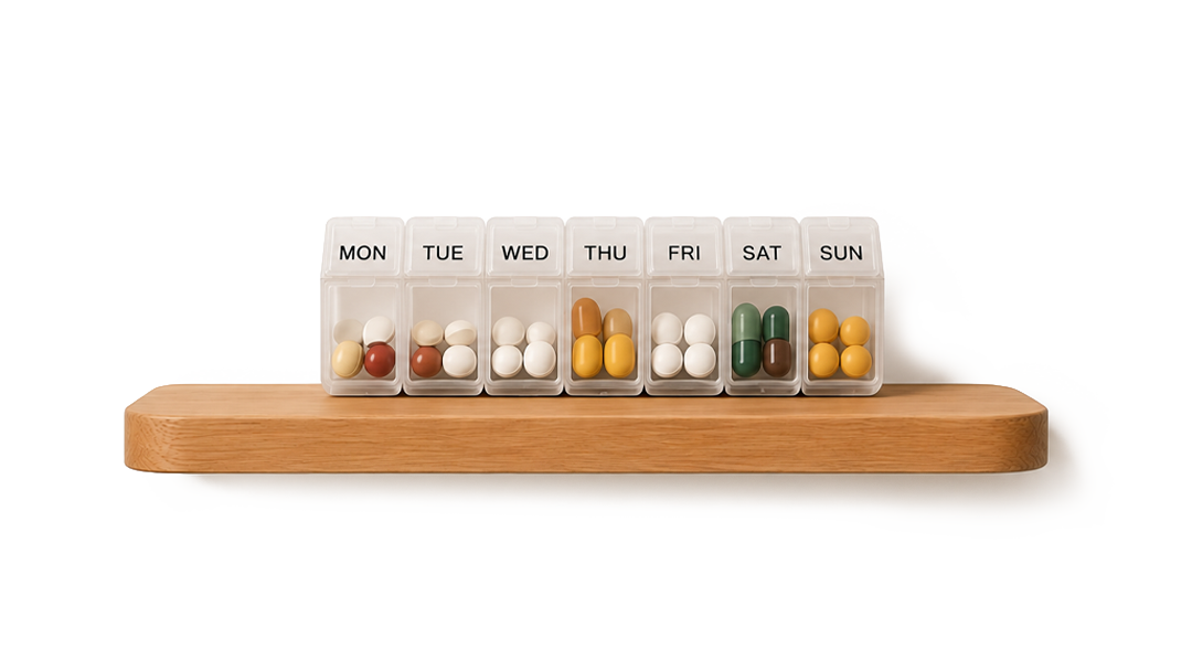 Pill organizer with medication pills arranged by days of the week on a wooden shelf