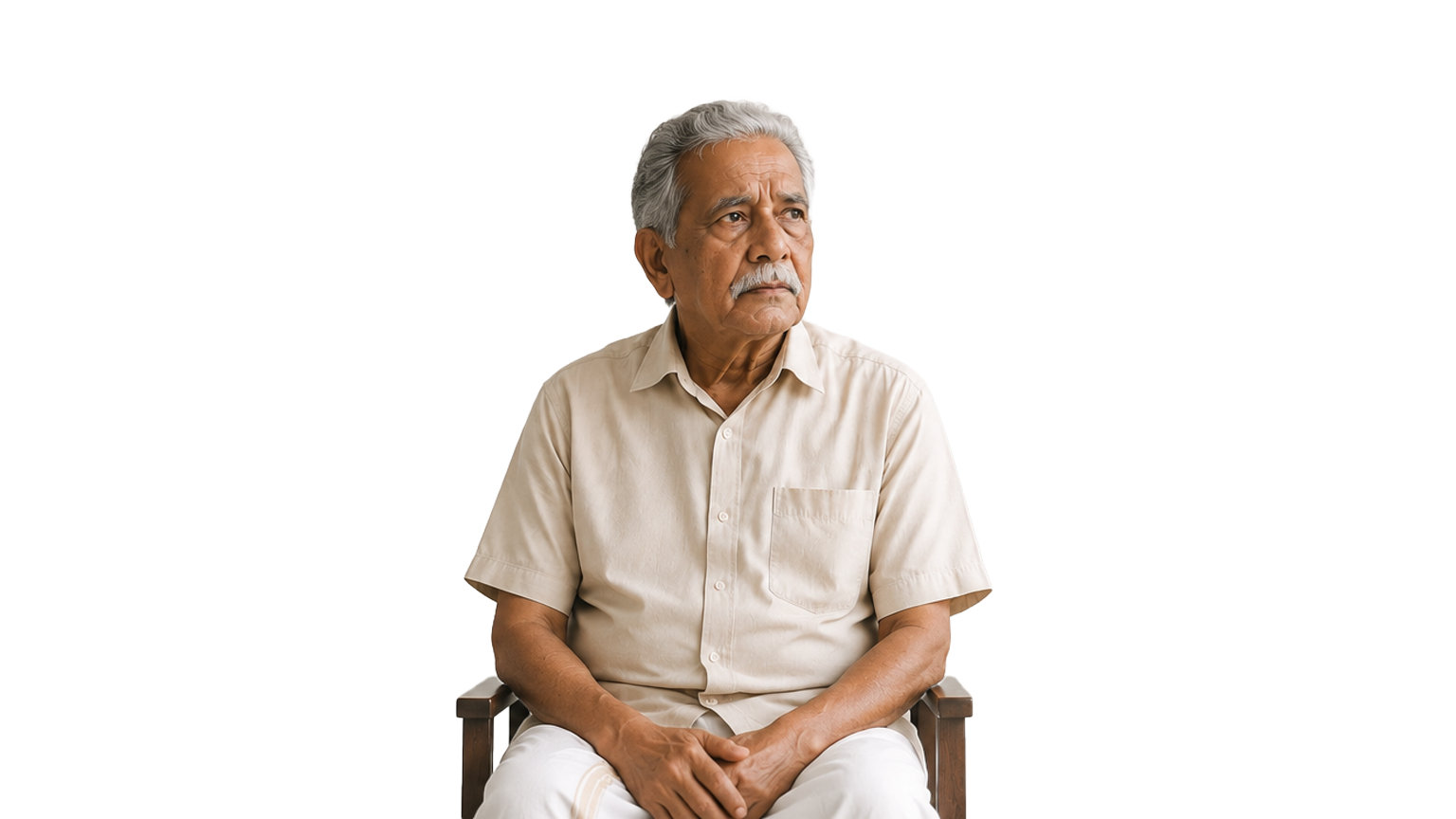 An elderly man with gray hair and mustache sitting on a wooden chair, looking to the side, wearing a beige short-sleeved button-up shirt against a plain light background.