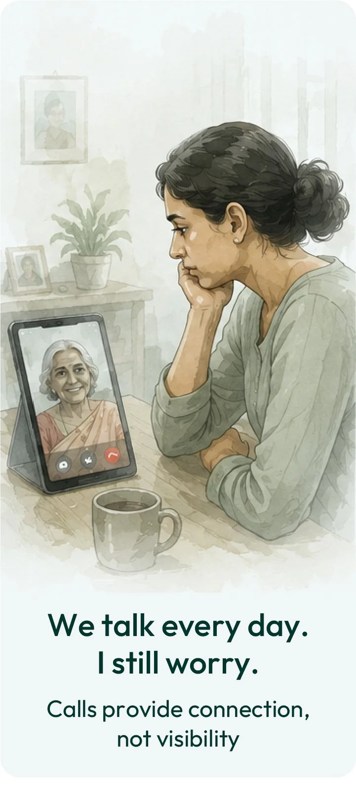 Adult daughter speaking with her elderly mother on a video call, showing how regular conversations provide emotional connection but limited visibility into an older parent's daily wellbeing and safety.