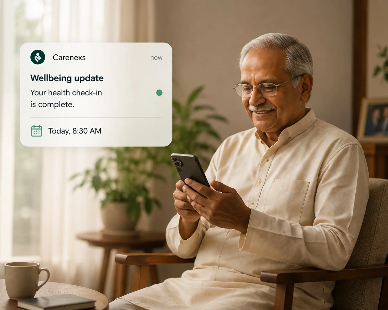 An elderly man sitting in a living room, smiling while looking at his smartphone. A notification on the image shows a wellbeing update indicating his health check-in is complete at 8:30 AM.