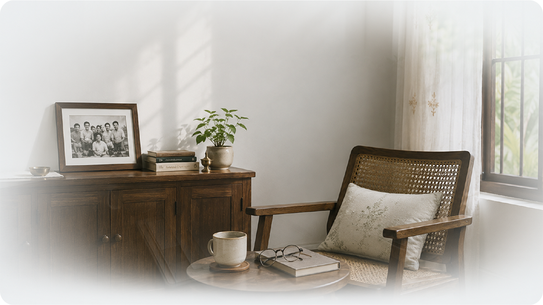 Cozy corner with a wooden sideboard, framed photo, potted plant, and books. Wooden chair with a cushion, a mug, glasses, and a book on a round side table near a window with sheer curtains.