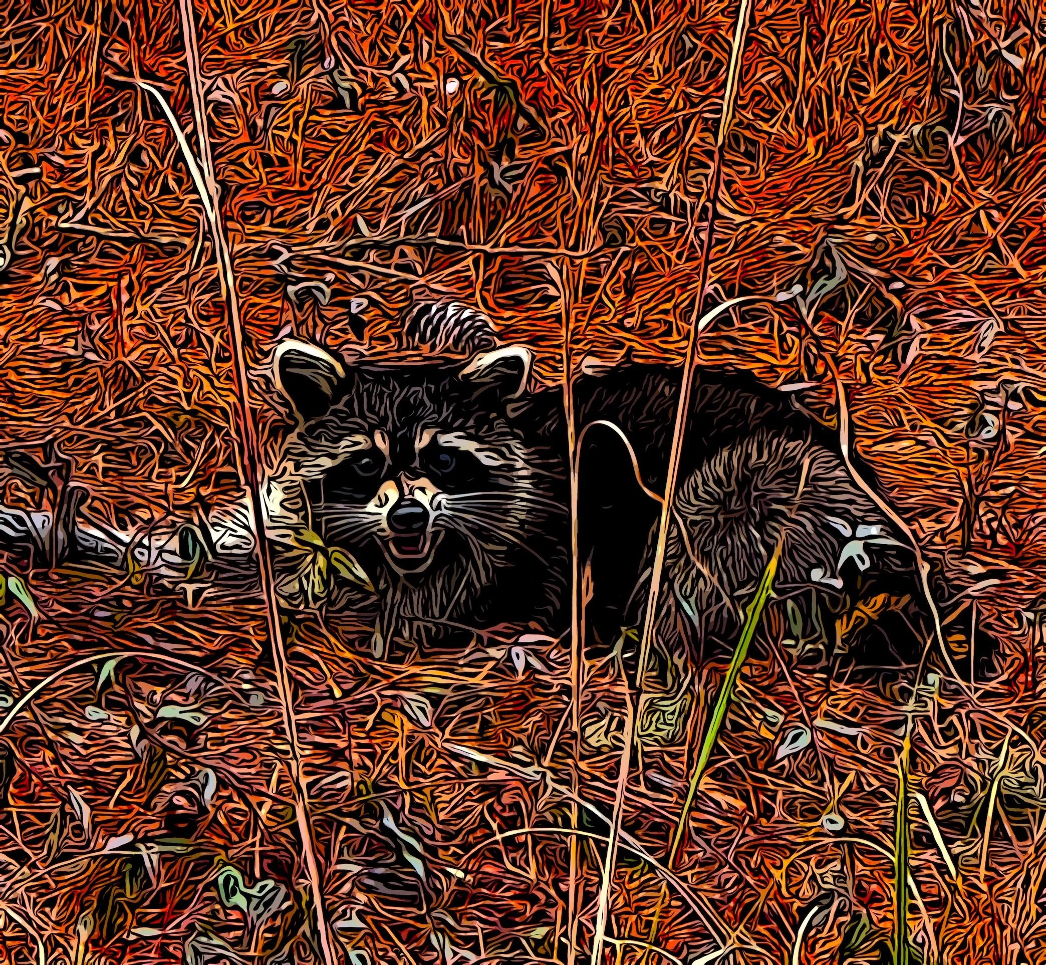 A raccoon on orange fallen leaves with a digital art filter.