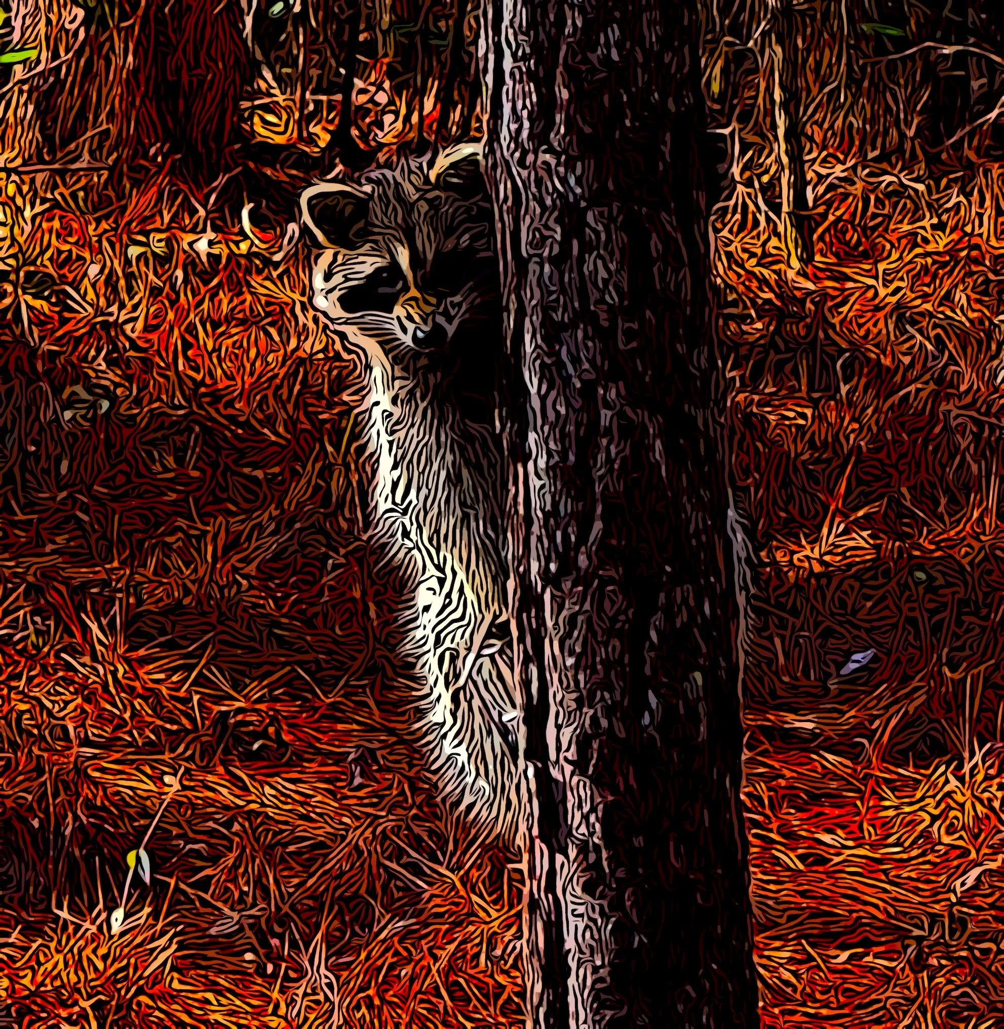 A digitally illustrated baby raccoon peeking out from behind a tree trunk amid red autumn leaves.