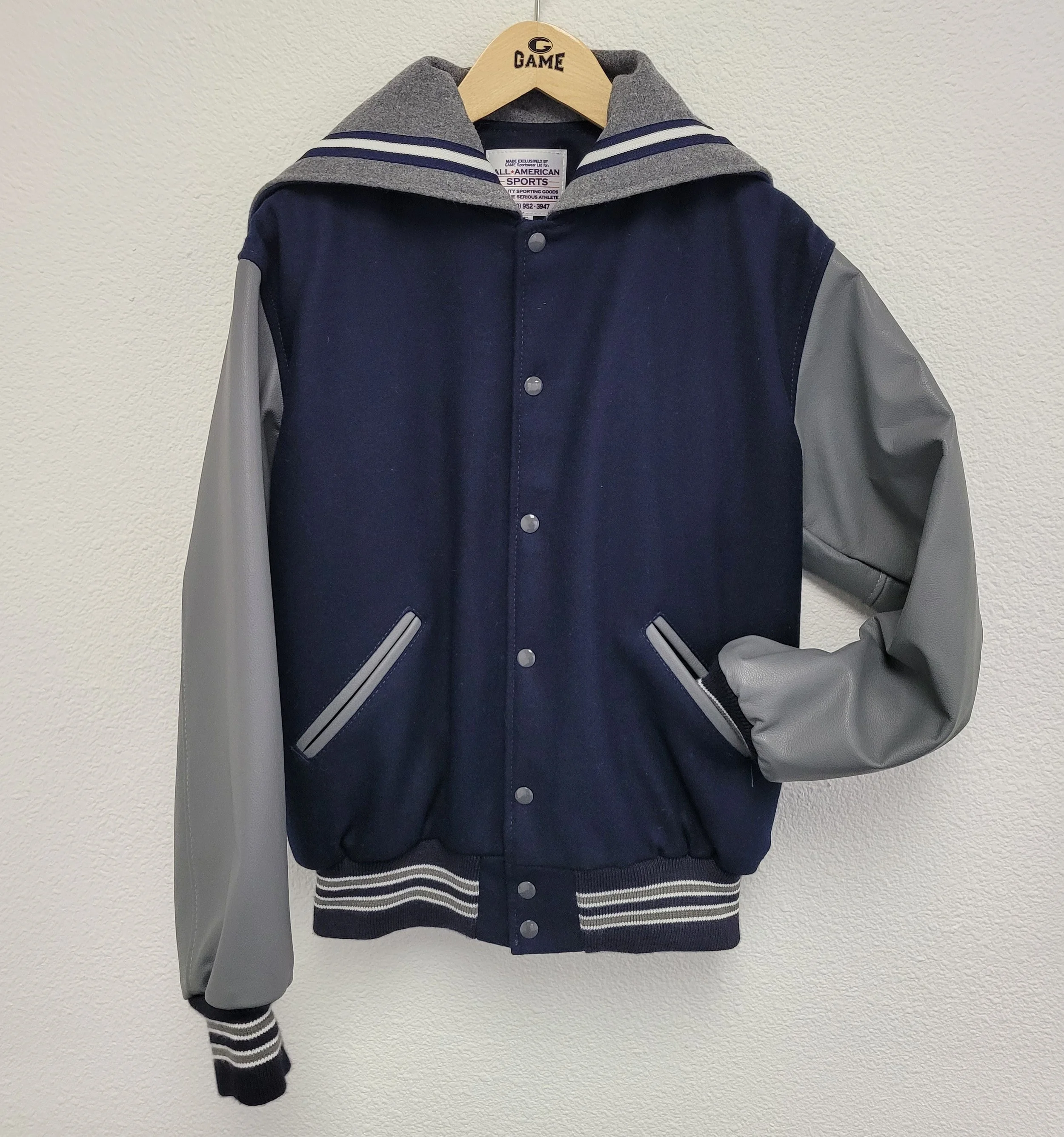 LADIES NAVY AND GREY LETTER JACKET