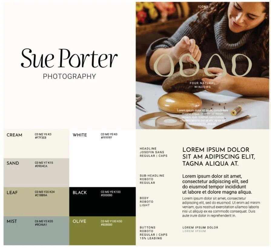 A woman practicing pottery crafts at a table with clay and tools. The image features a design board with sample colors, font styles, and descriptive text related to photography and design.