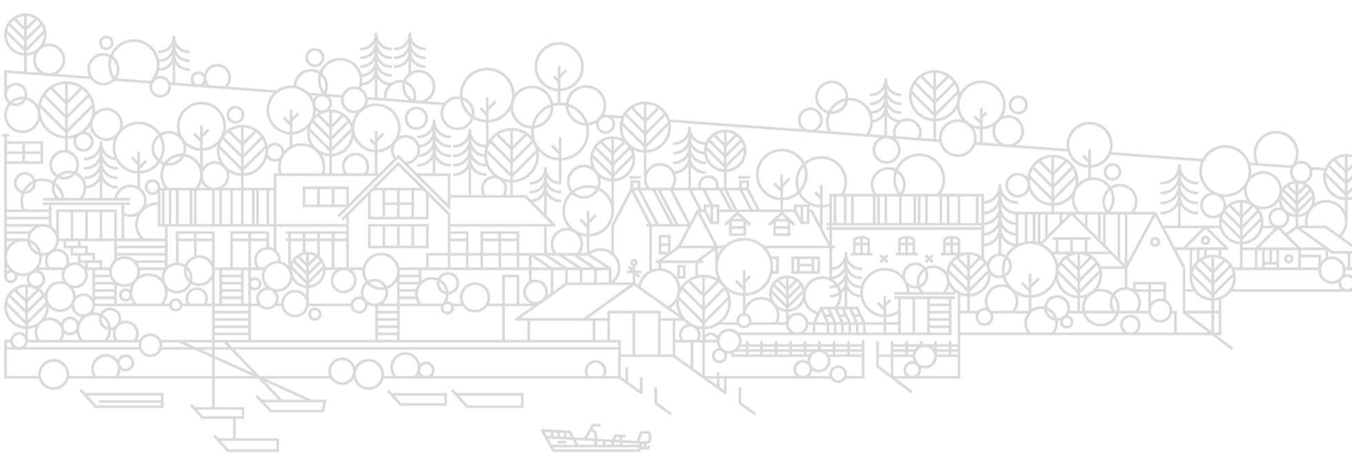 Black and white line drawing of a hillside neighborhood with houses, trees, pathways, and boats in water.