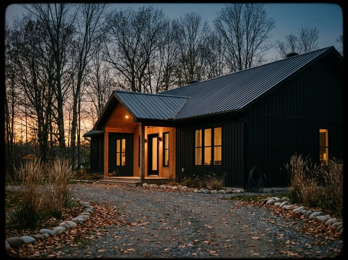 Modern black board-and-batten home with a cedar entry on a treed lot in Chalk River, Ontario