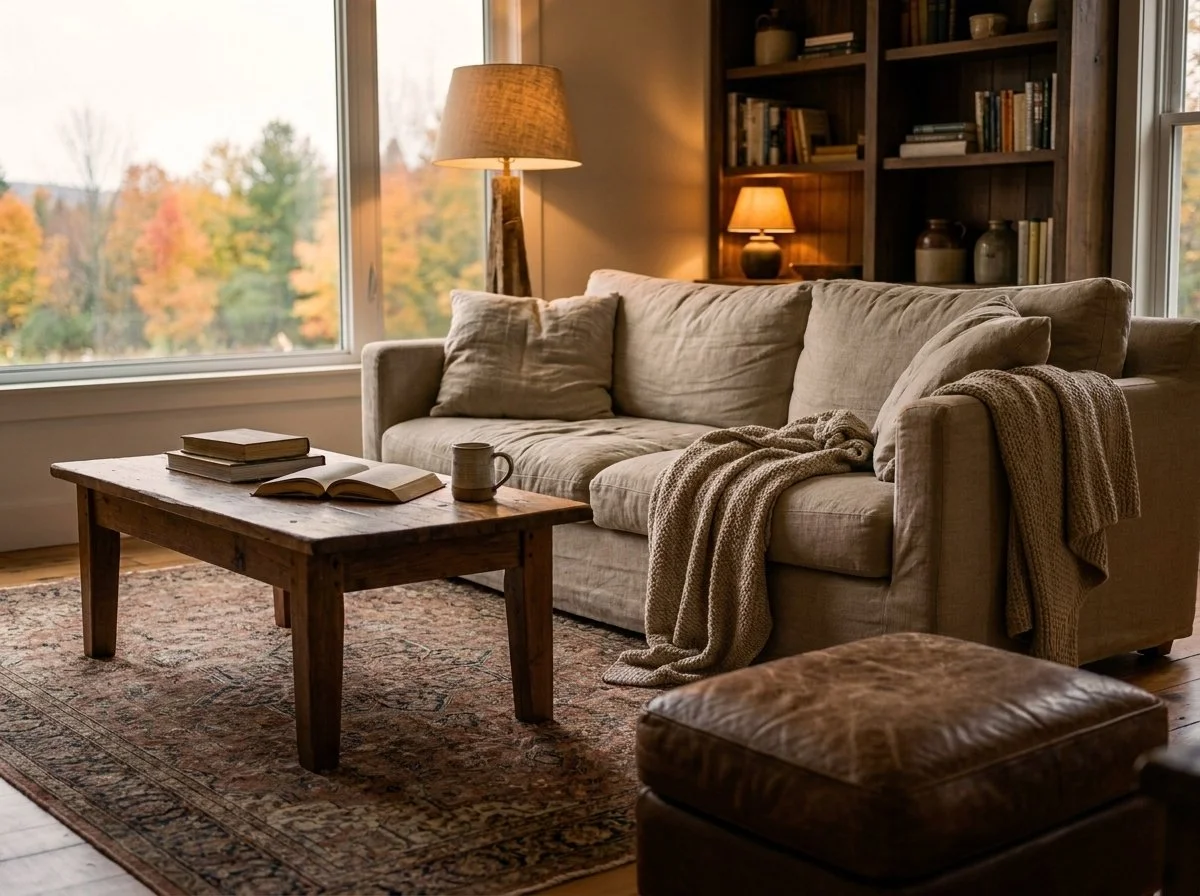 Warm farmhouse living room with natural light in a Laurentian Valley, Ontario home