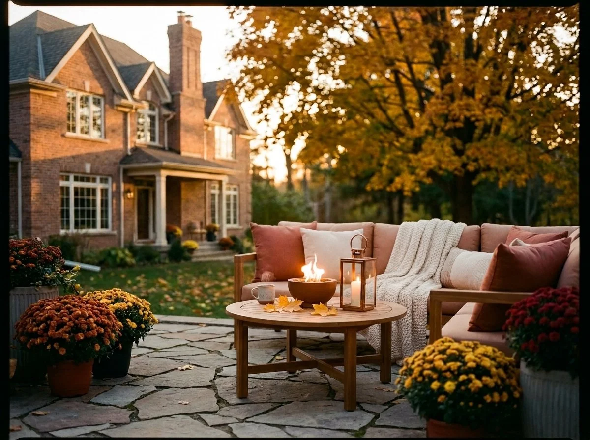 Cozy backyard patio with seating and a fire bowl at a Pembroke, Ontario home