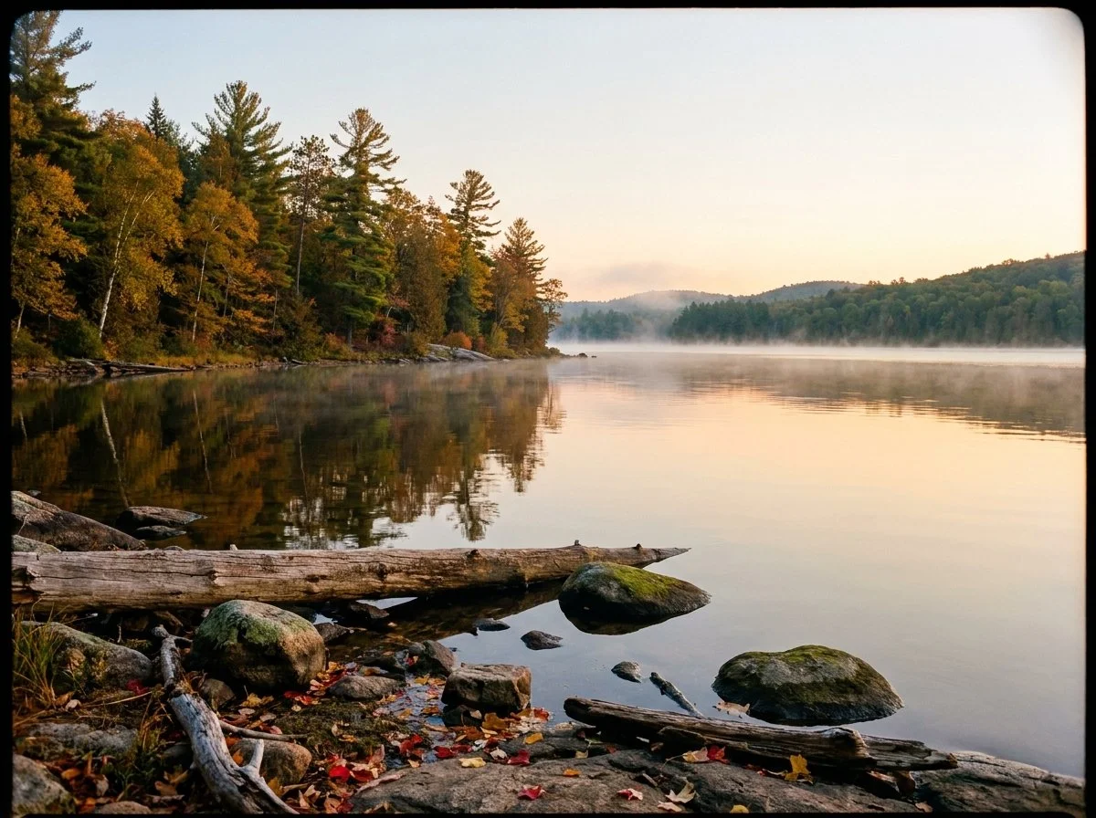 A misty Ottawa Valley lake at sunrise near Deep River in autumn