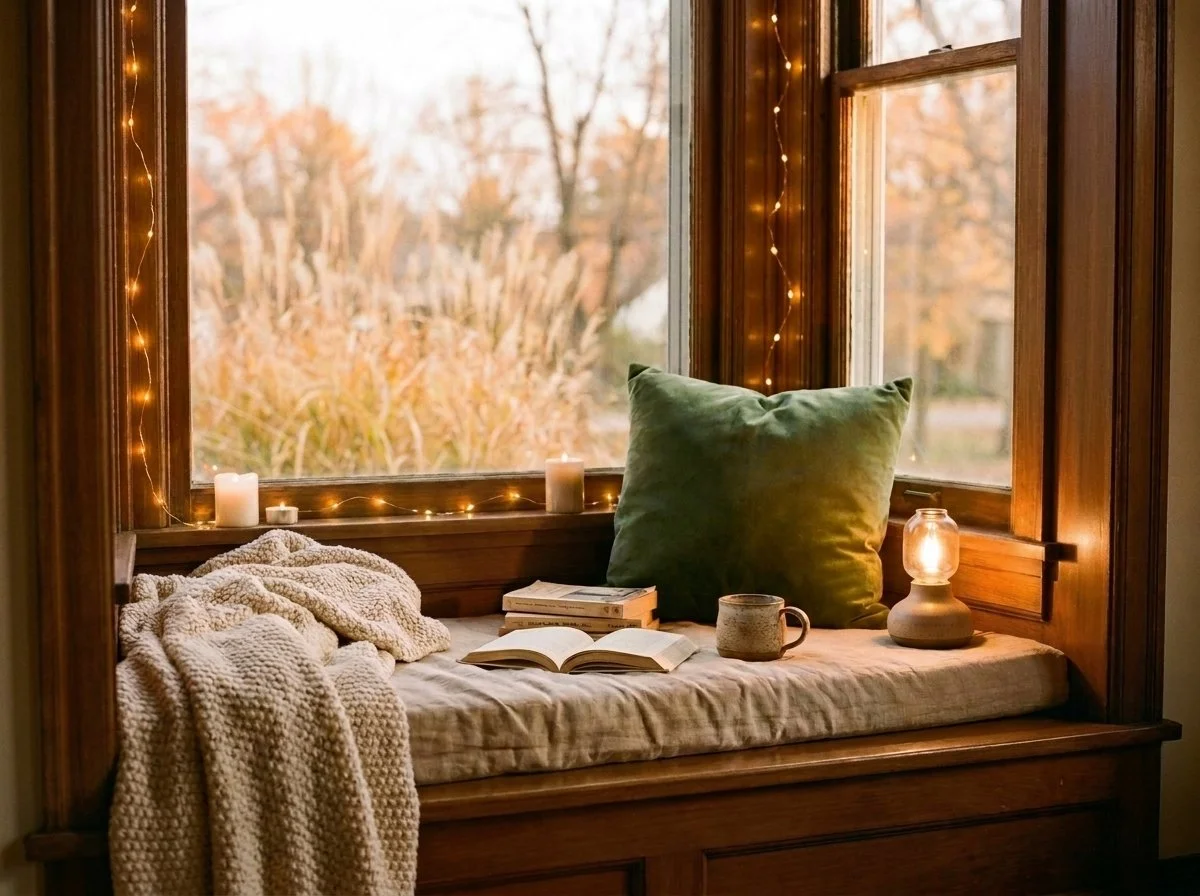 Cozy window reading nook with a cushioned bench and throw in a Chalk River, Ontario home
