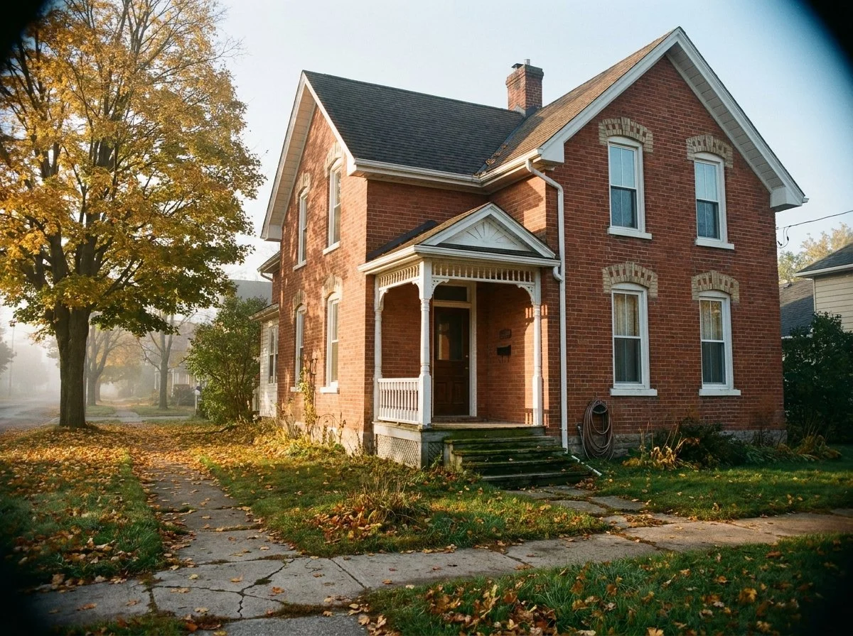 Red brick century home with a covered porch on a tree-lined street in Pembroke, Ontario