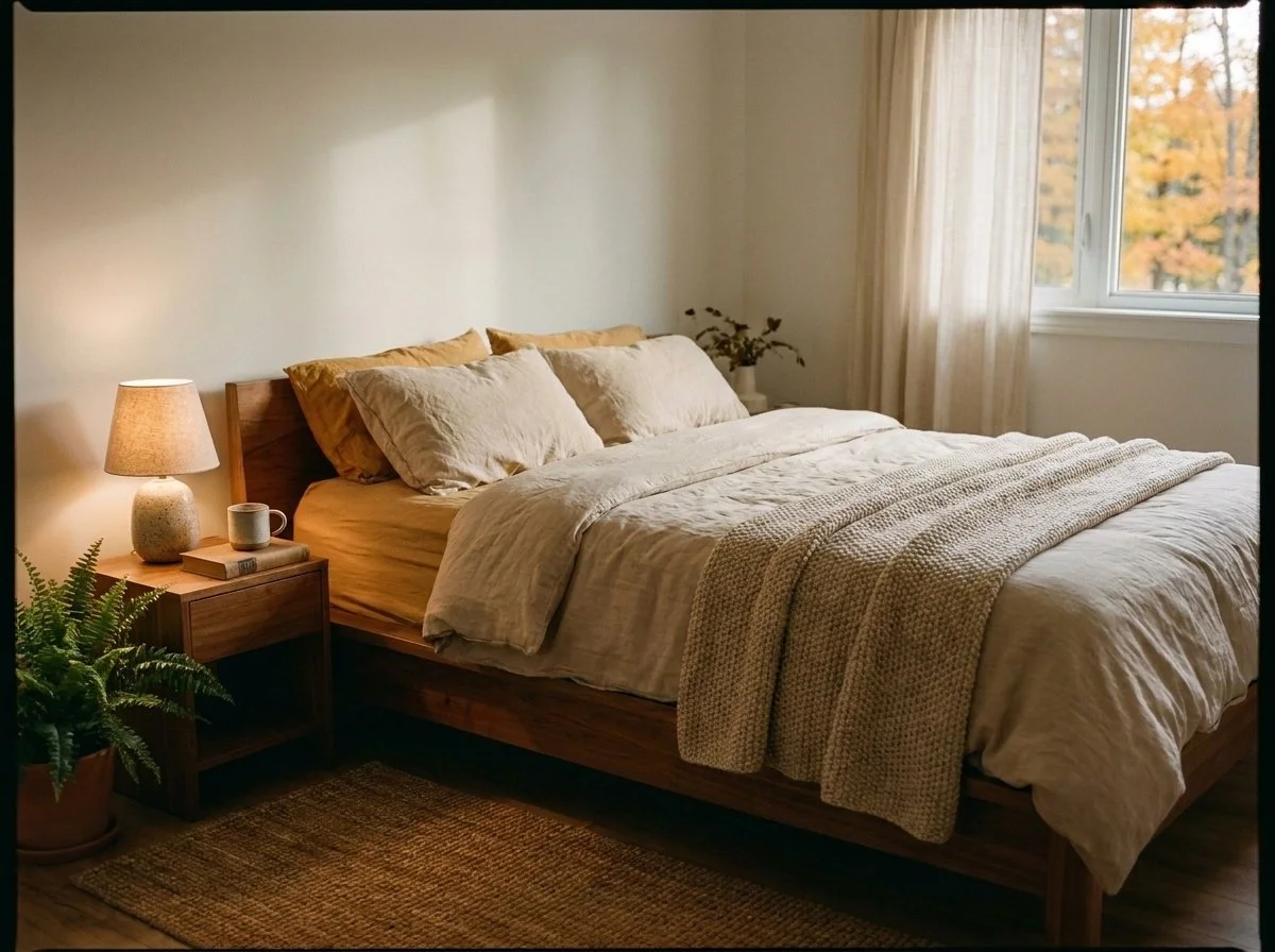 Warm, restful bedroom with natural light in a Chalk River, Ontario home