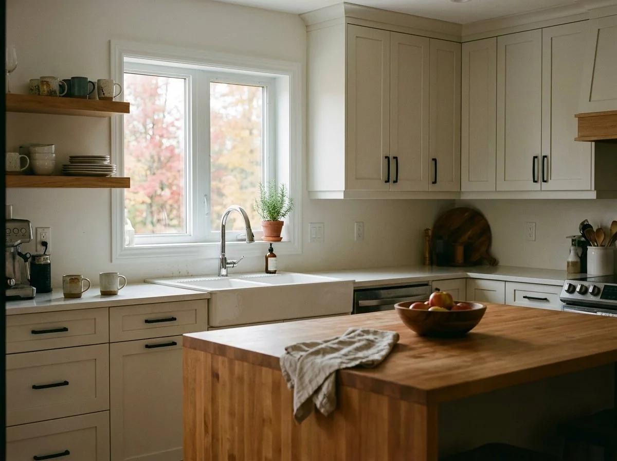 Bright modern kitchen with an island and shaker cabinets in a Petawawa, Ontario home