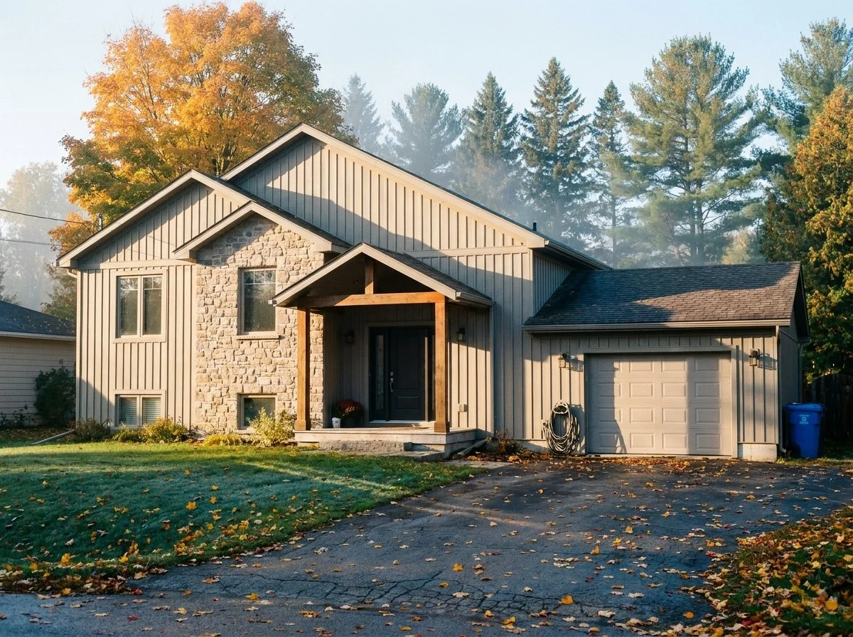 Modern two-storey home with board-and-batten siding and a stone accent on a treed lot in Deep River, Ontario