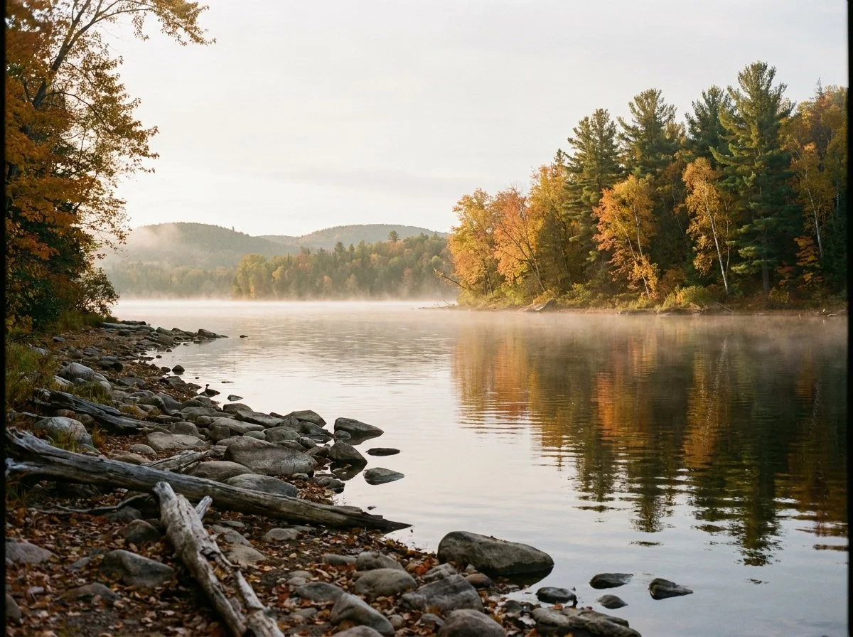 A misty forested stretch of the Ottawa River near Chalk River in autumn