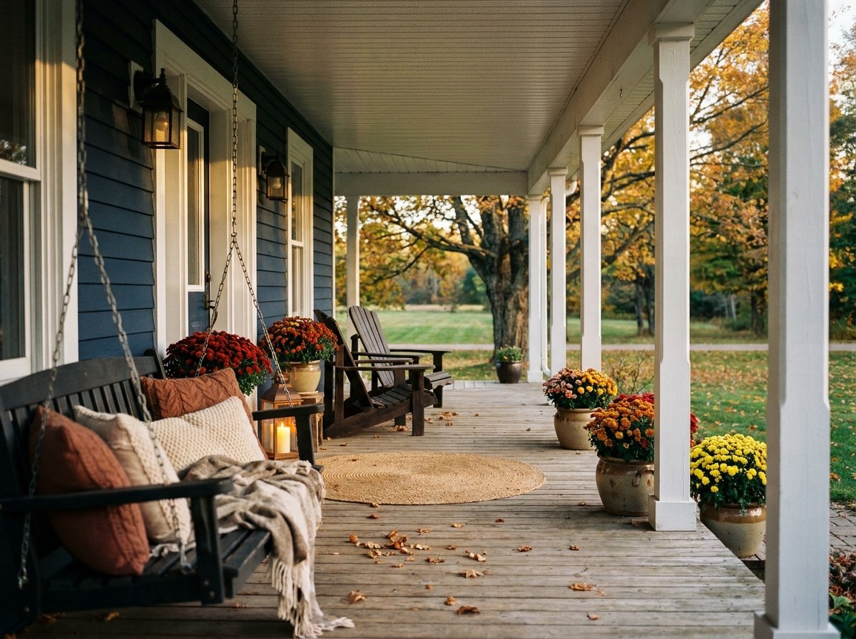 A welcoming navy farmhouse porch with seating at golden hour in Laurentian Valley, Ontario