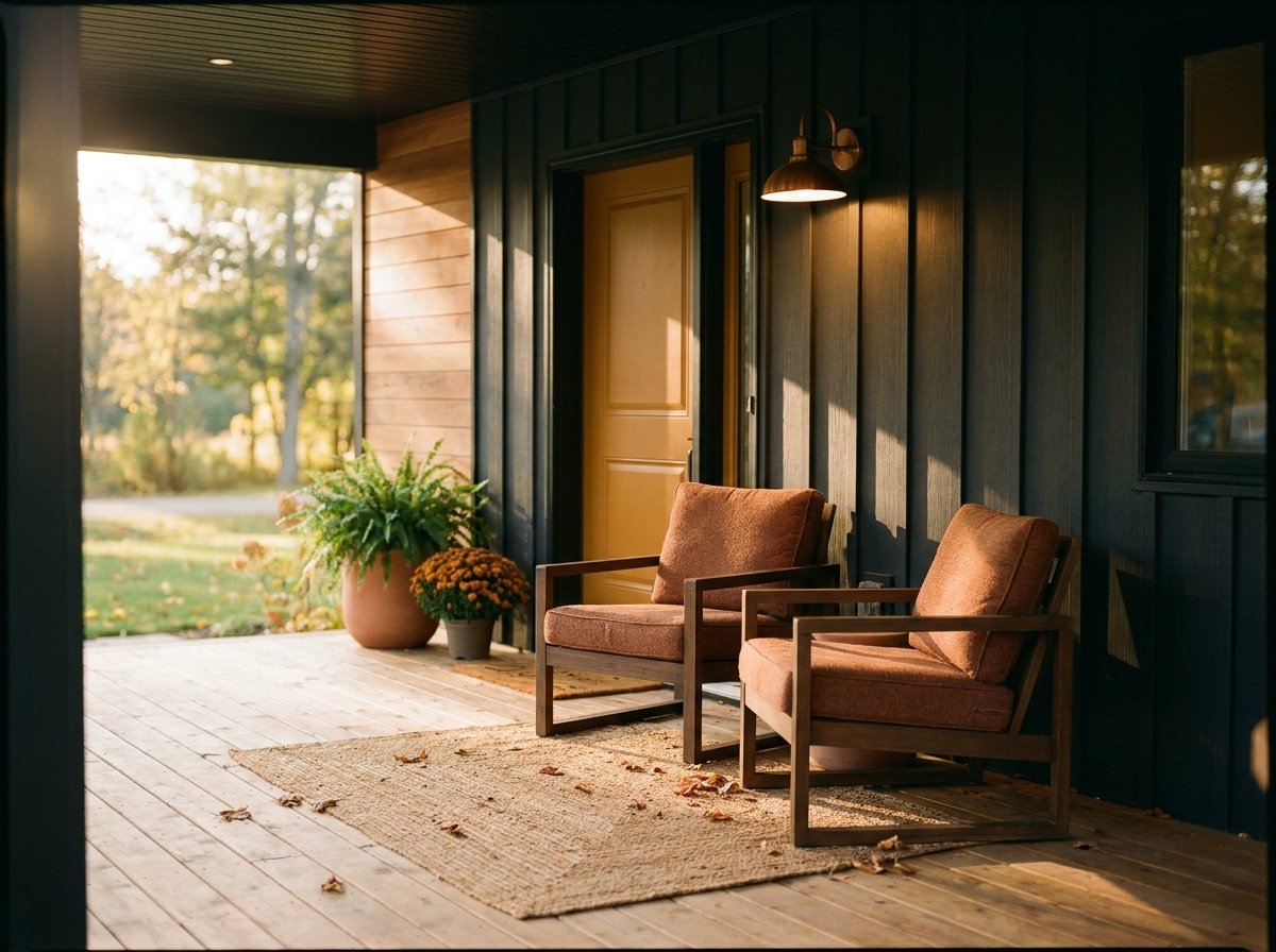 Welcoming covered front entry with seating on a modern home in Deep River, Ontario
