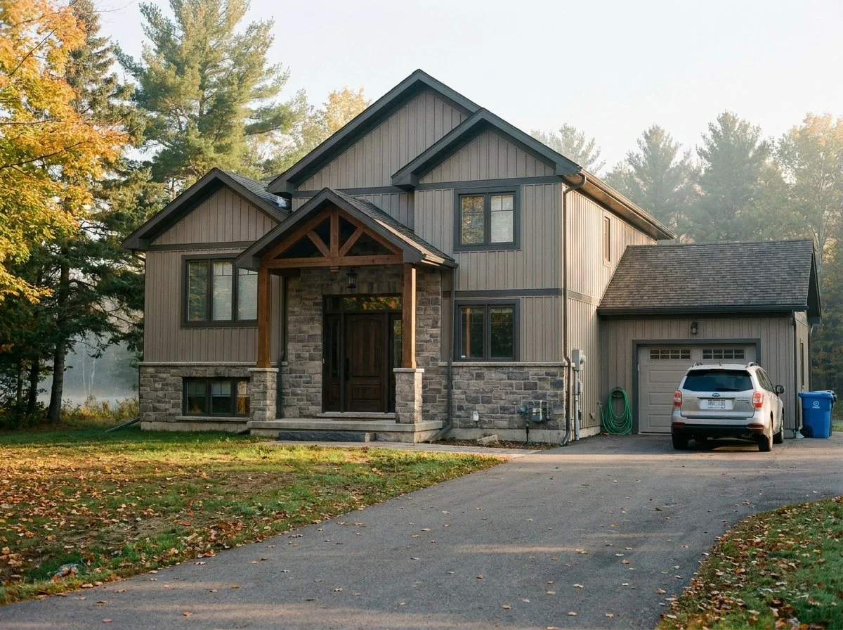 Modern two-storey home with board-and-batten siding and a stone base on a rural lot in Petawawa, Ontario