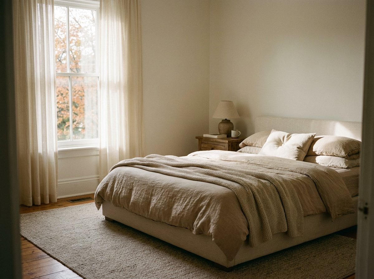 Bright, calm bedroom with natural light in a Pembroke, Ontario character home