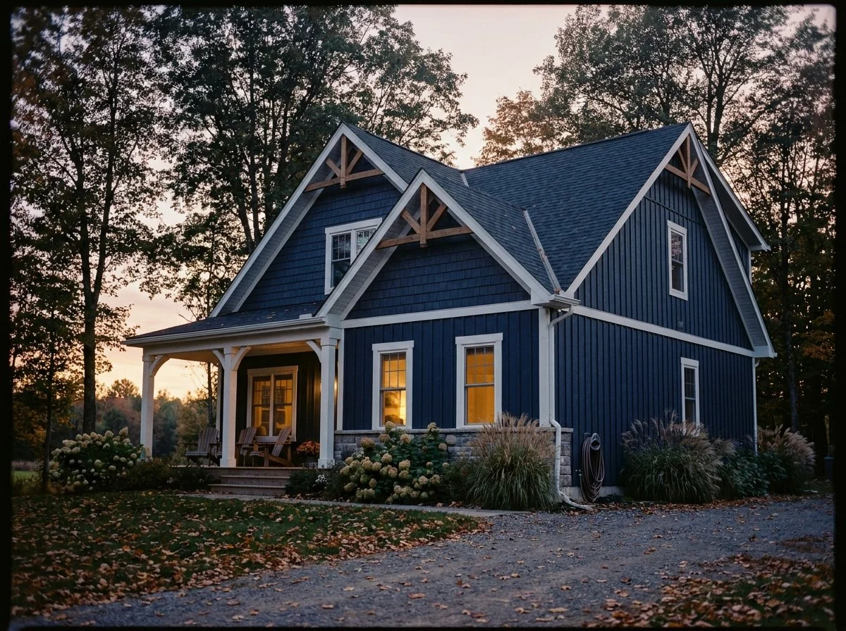 Navy modern farmhouse with a covered porch on a mature lot in Laurentian Valley, Ontario