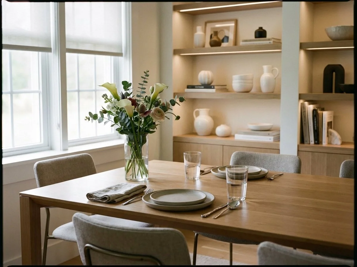 Warm farmhouse dining nook with wildflowers and natural light in a Laurentian Valley, Ontario home