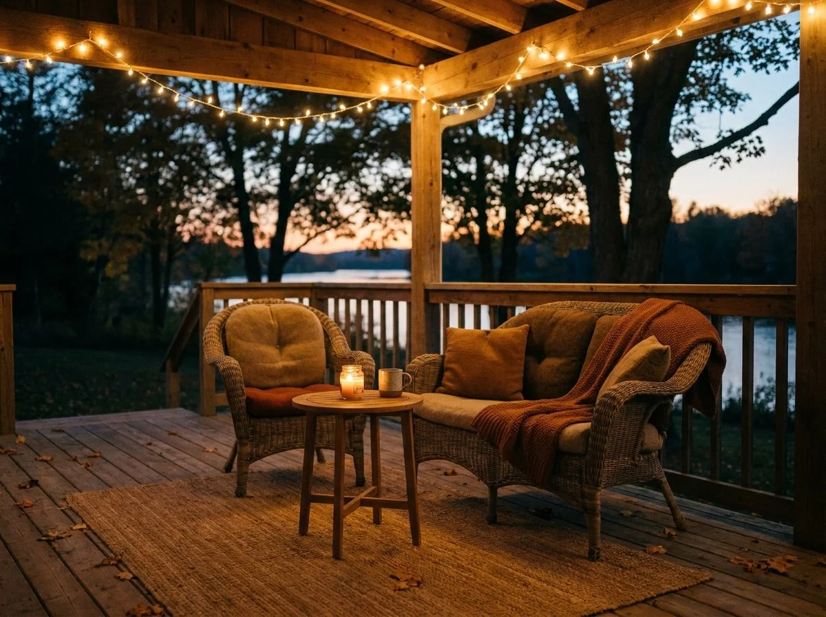 Cozy covered porch with string lights and seating at dusk on a Chalk River, Ontario home