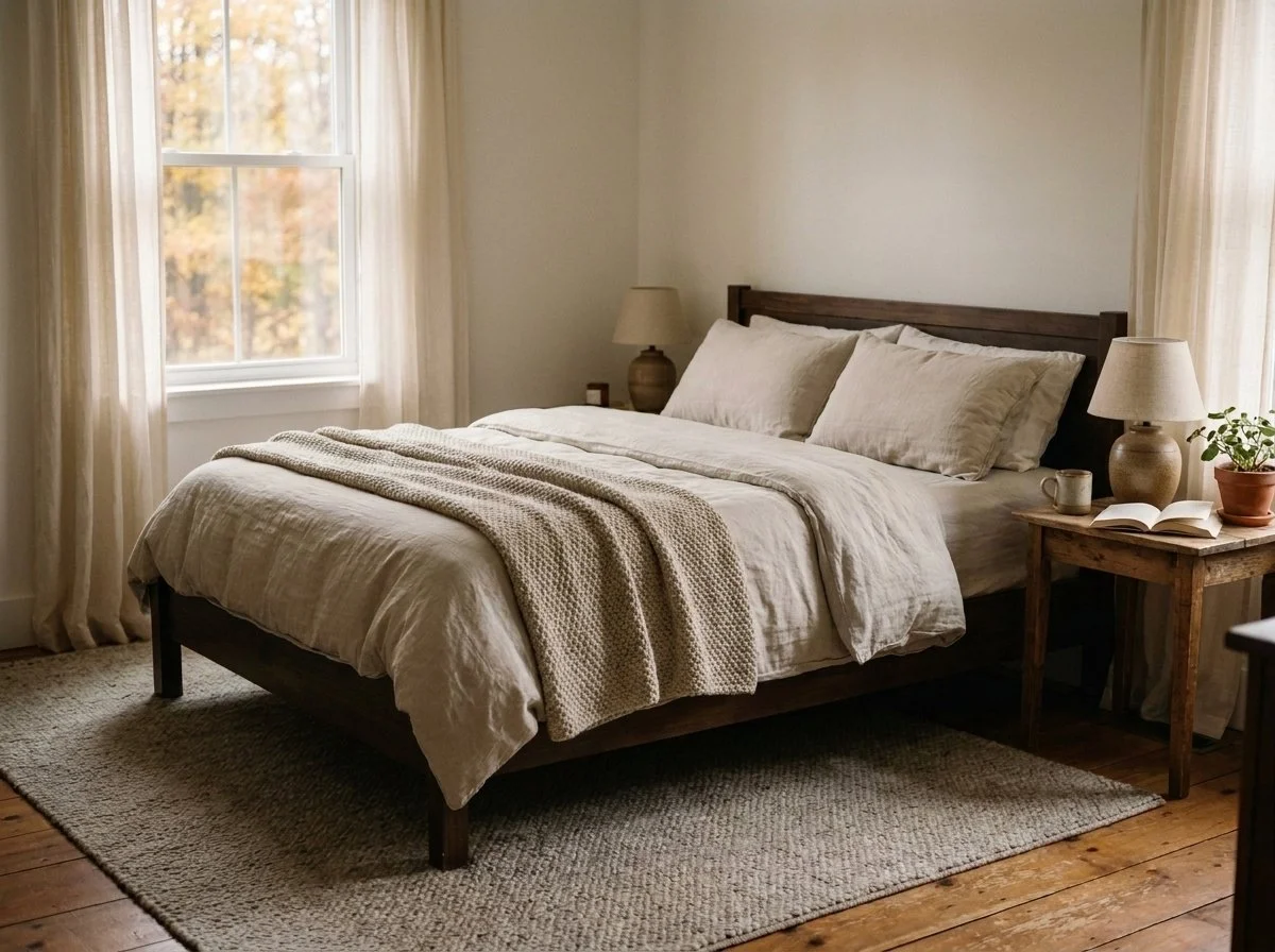 Warm, restful farmhouse bedroom with natural light in a Laurentian Valley, Ontario home