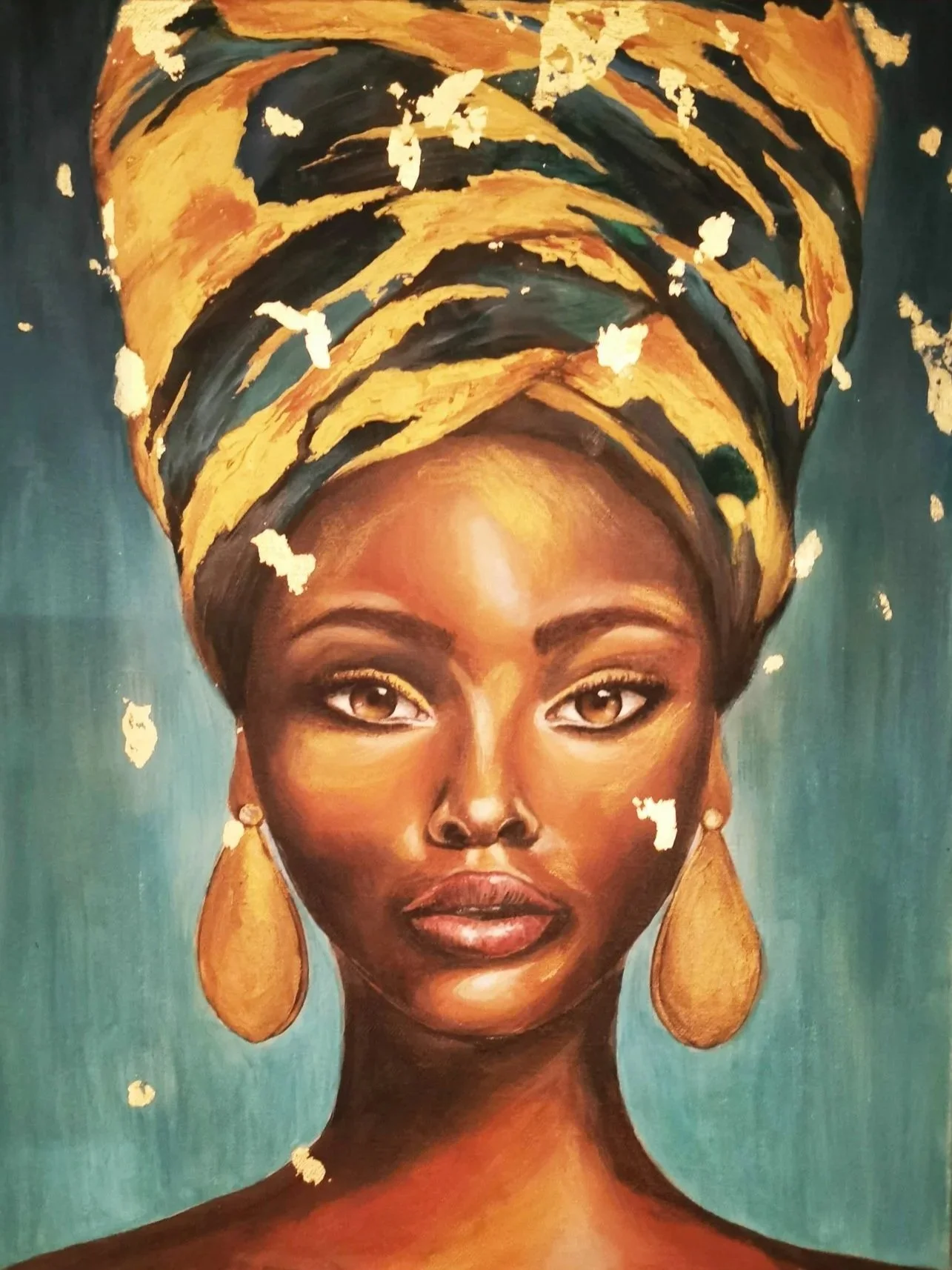 A portrait of a Black woman wearing a yellow and black headwrap, large yellow earrings, and bold makeup, with a blue-green background.