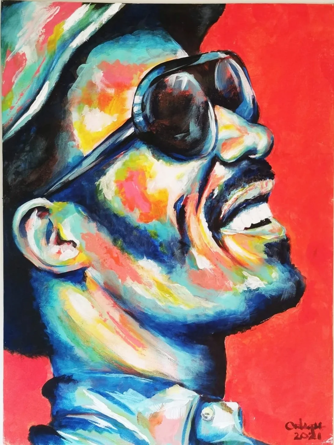 Colorful painting of a man wearing sunglasses, smiling, with a bright red background.