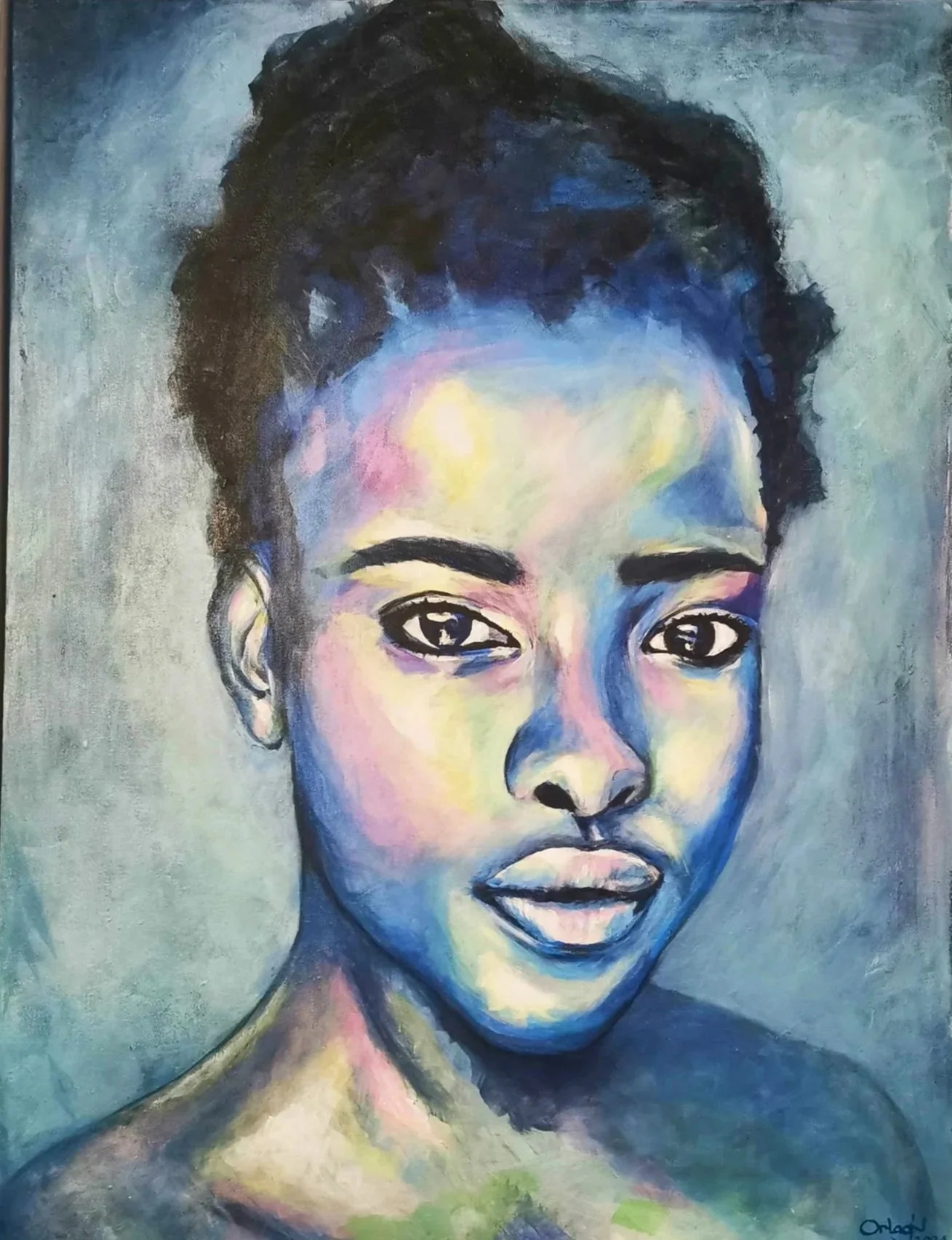 A colorful portrait of a young woman with short curly hair, dark eyebrows, and expressive eyes, painted in a mix of blues, pinks, greens, and yellows, with a textured background.
