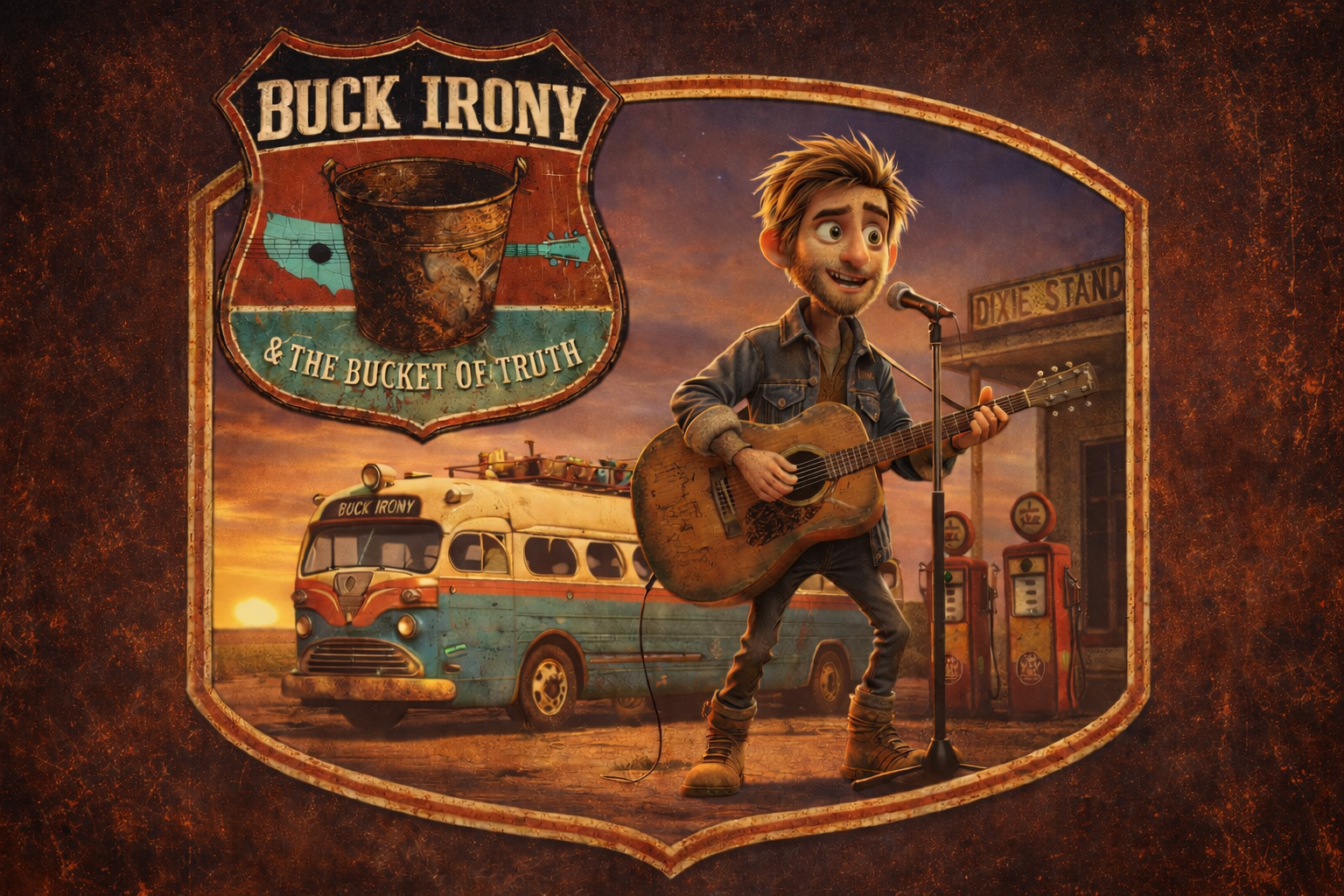 Animated scene from a movie titled "Buck Irony & The Bucket of Truth" featuring a man with spiky hair, beard, and casual clothing playing an acoustic guitar at a microphone. He is standing in front of a vintage gas station and an old bus with the label "Buck Irony." A large sign with the title and logo of a bucket of black liquid is displayed in the background.