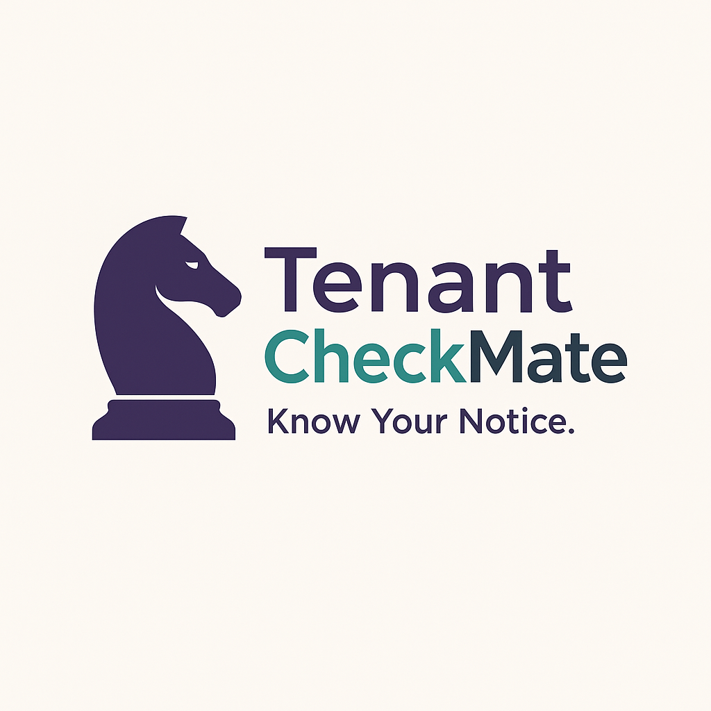Logo with a stylized dark purple chess knight piece and the text "Tenant CheckMate" with the slogan "Know Your Notice.""