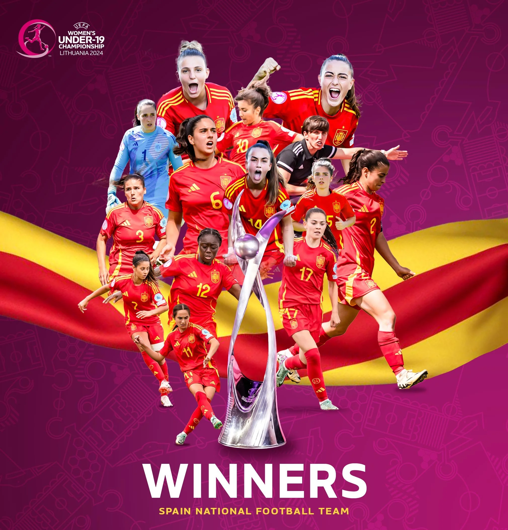 Celebrating the Spain Women's National Football Team as winners of the UEFA Women's Under-19 Championship 2024 in Lithuania, with multiple players in red uniforms, some celebrating and others walking, a trophy at the center, and a purple background with decorative patterns.