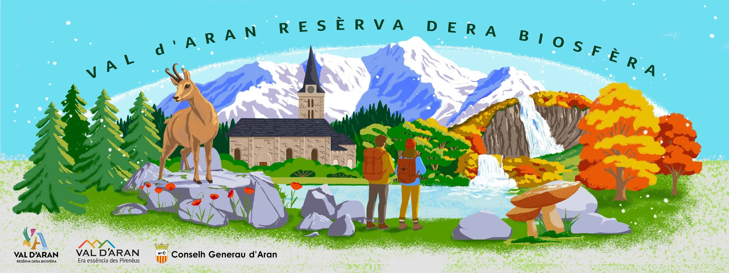Colorful illustration of Val d'Aran, featuring pine trees, a mountain with snow, a church, a deer on rocks, two hikers with backpacks, waterfall, trees with autumn leaves, mushrooms, and snow flurries, with the text 'Val d'Aran Reserva Dera Biosfera'