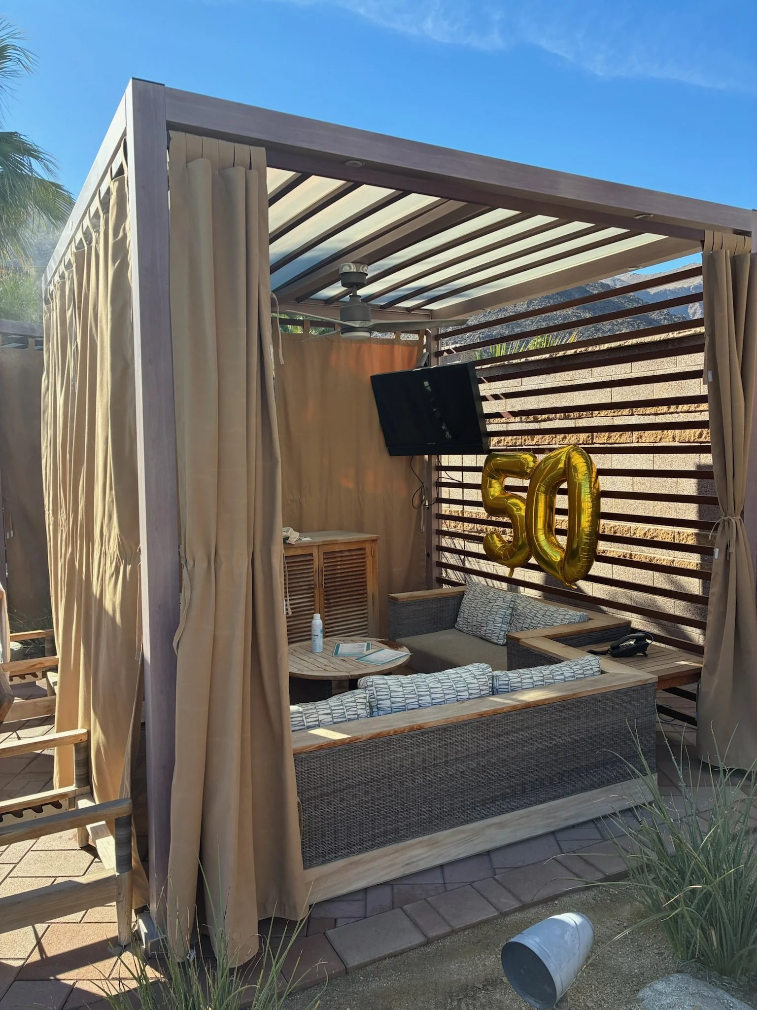 Gold 5-0 birthday balloons at a Spa Cabana at The Spa at Sec He.