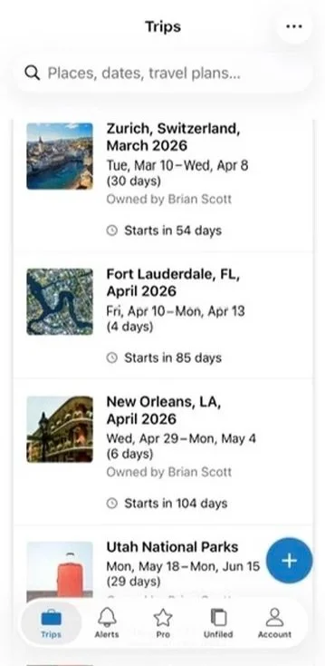 TripIt for Upcoming Trips