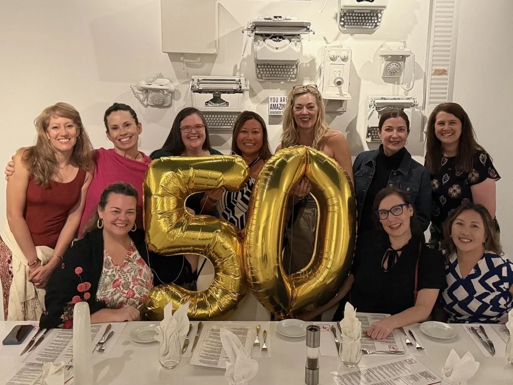 A group of women laughing and holding gold 5-0 birthday balloons in a modern Palm Springs restaurant Eight4Nine.