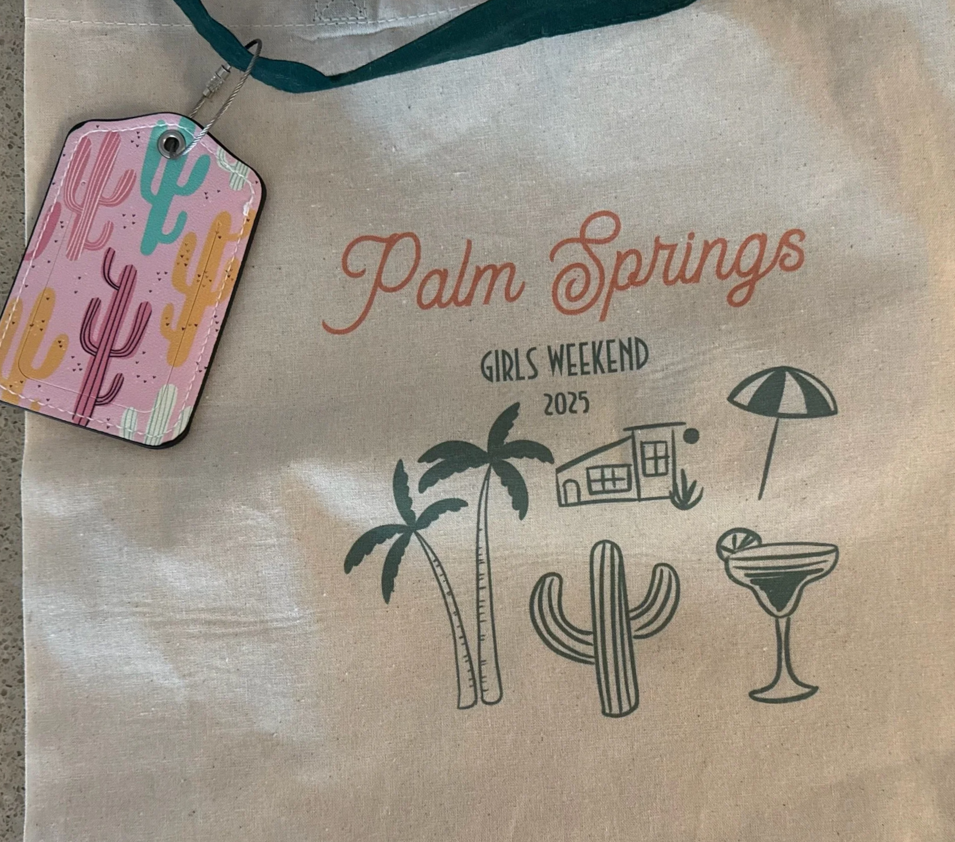Palm Spings Tote Bag and Luggage Tag Gifts for Palm Springs Girls Weekend.